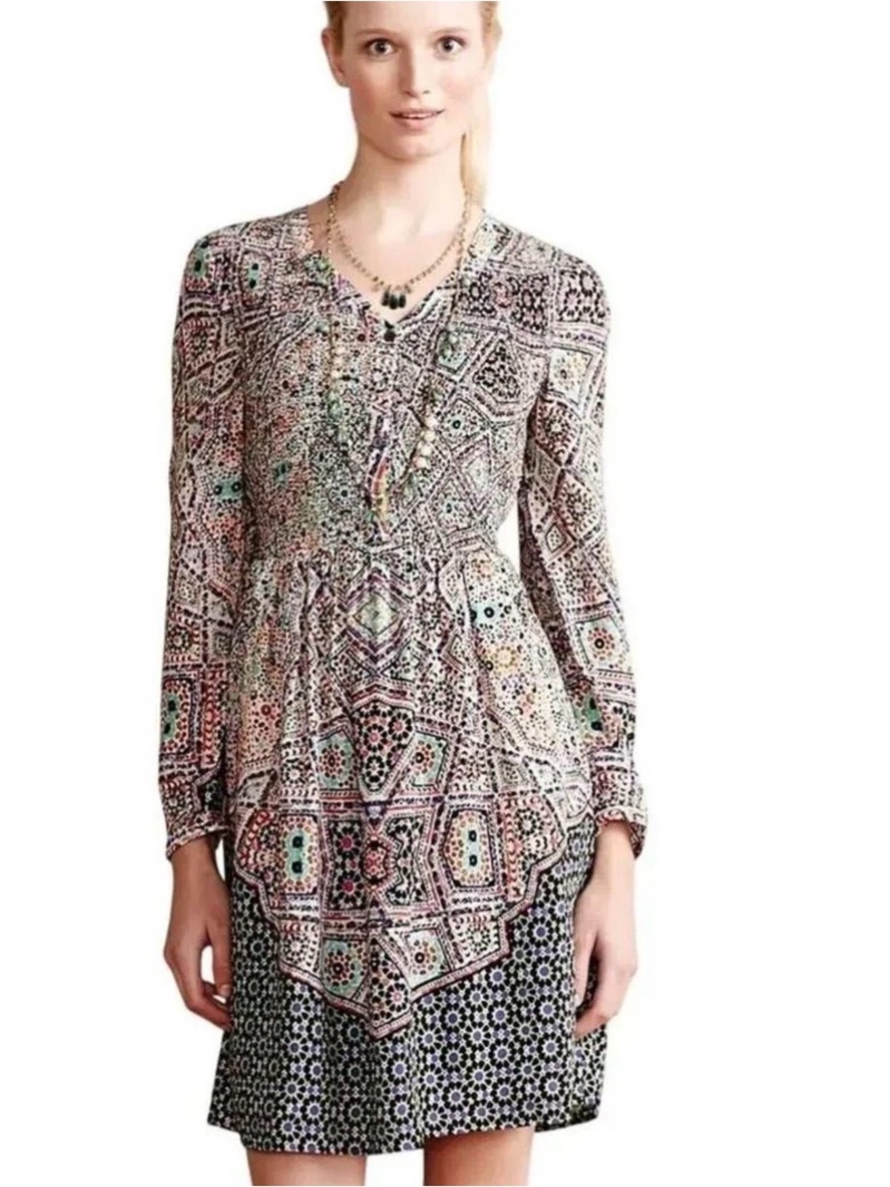 Maeve Anthropologie Amethyst Mosaic Tile Boho Long Sleeve Smocked Dress, Size SP